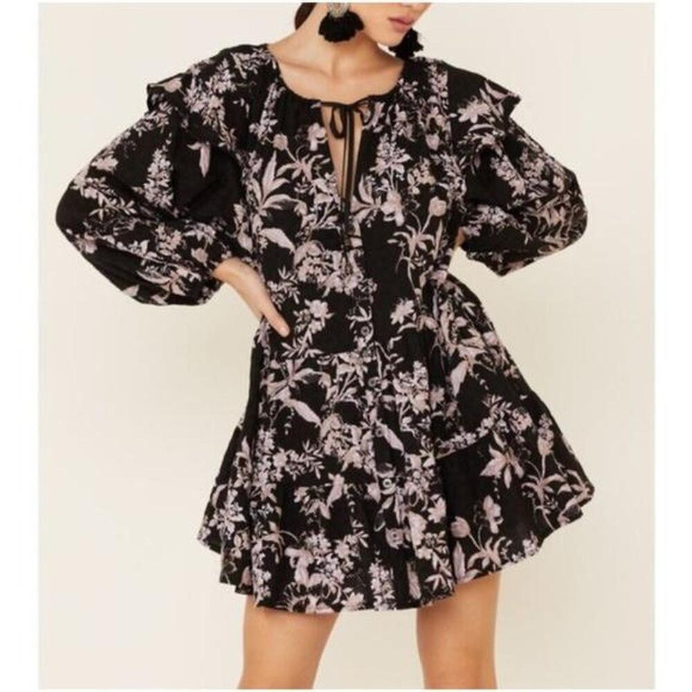Black and pink floral mini dress with ruffle sleeves Free People Size XS